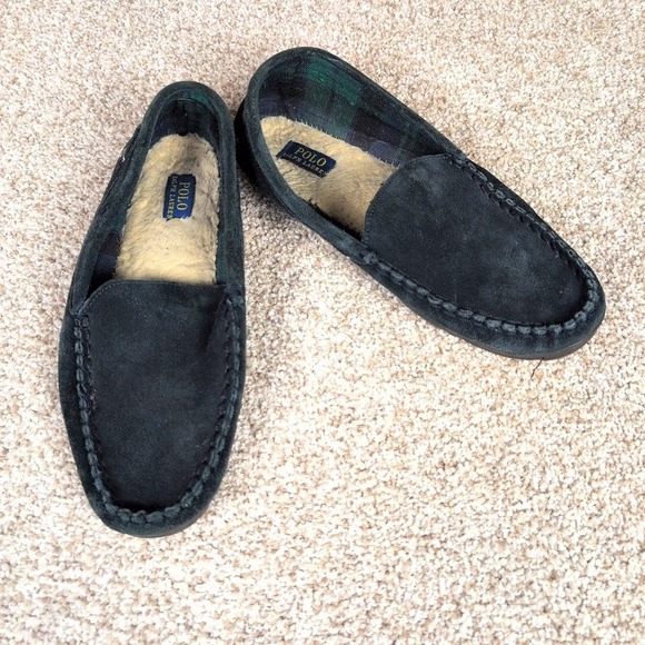 Polo Ralph Lauren Mens Suede Moccasin Slippers Plush Lined Pony Logo Size 11 - Picture 1 of 8